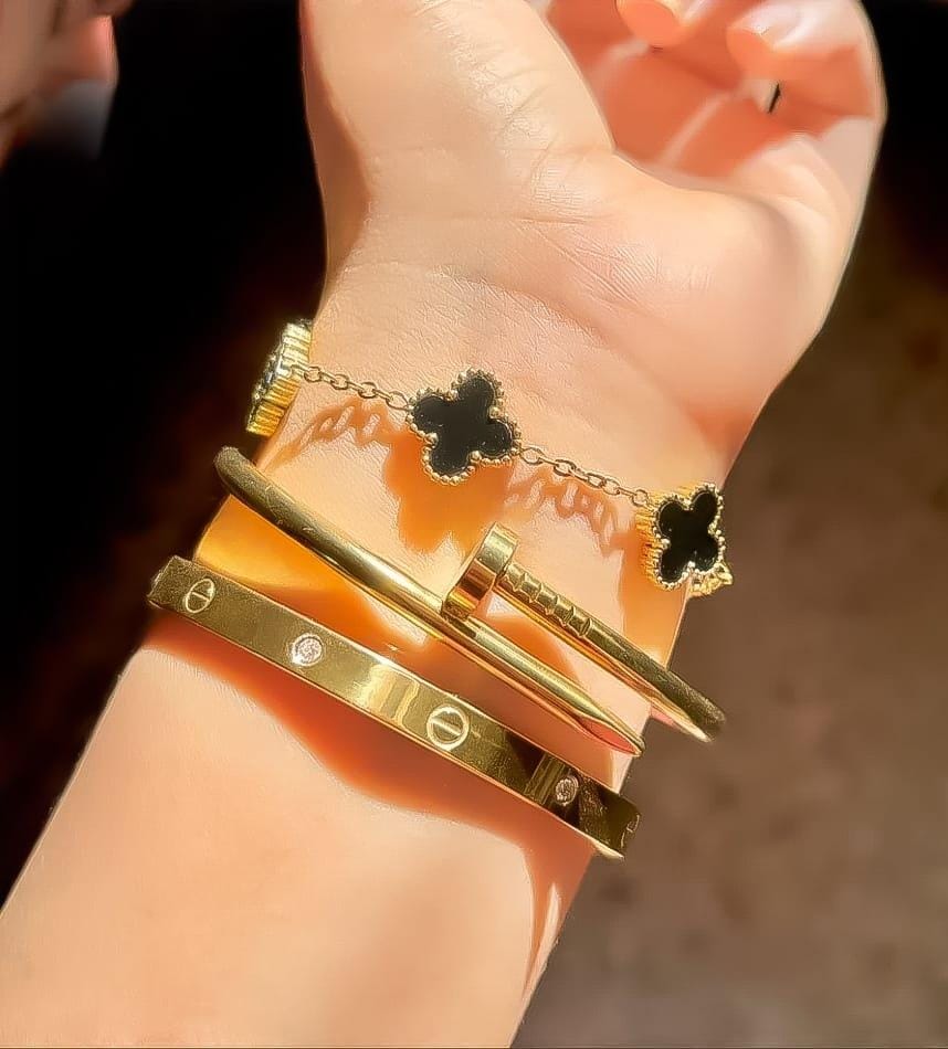 3 PC Golden Stainless Steel Bangle Set - Stackable Hypoallergenic Bracelets for Women