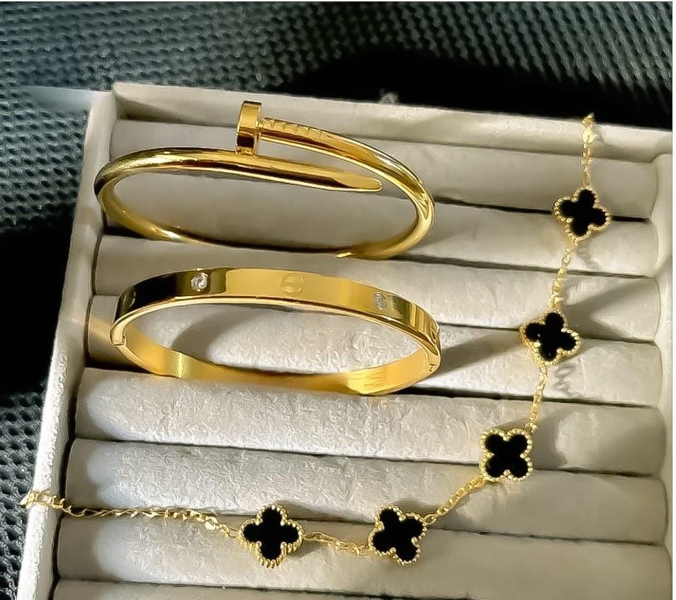 3 PC Golden Stainless Steel Bangle Set - Stackable Hypoallergenic Bracelets for Women
